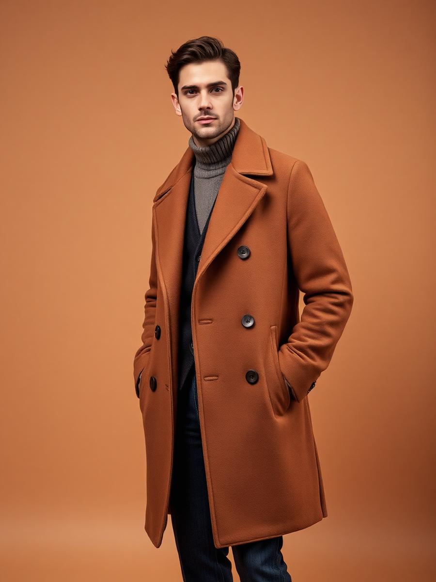 Voguish stylist presenting a tailored camel overcoat