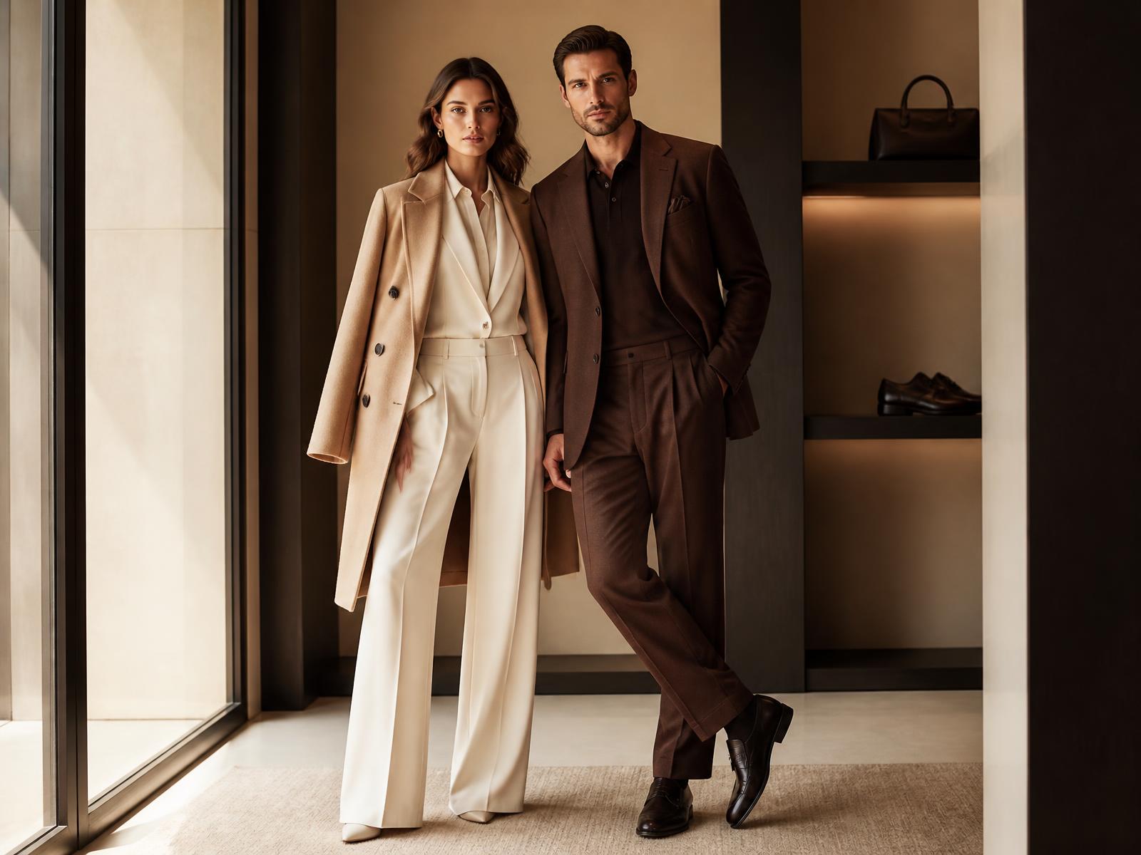 Two models wearing Voguish tailored outerwear in a boutique interior